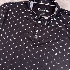 Birdie Boss Performance Golf Polo Shirt Men Large Black White Bird Print Stretch